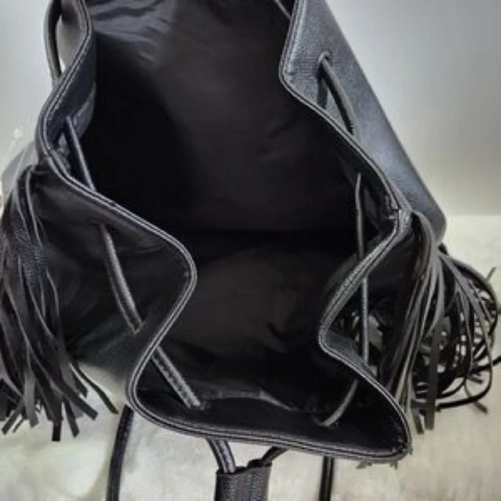 Victoria's Secret Black Leather‎ Style Backpack with Fringe Detailing 5231